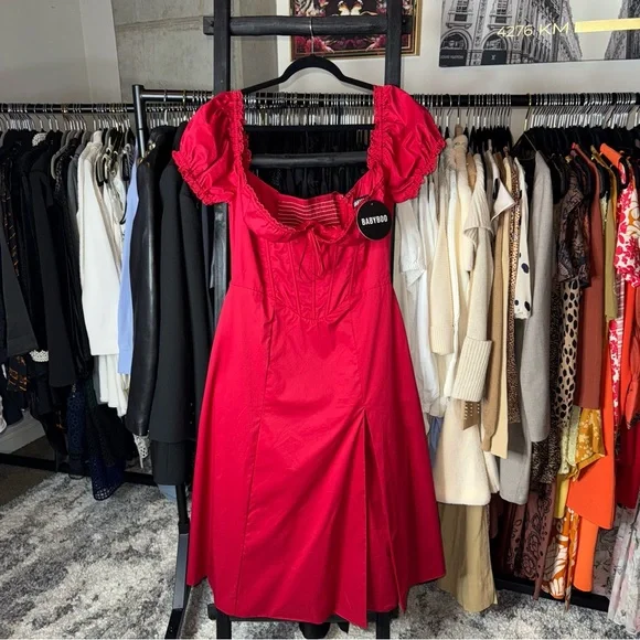 Babyboo Courtney Red Off-Shoulder Corset Midi Dress with Slit - Picture 4 of 13